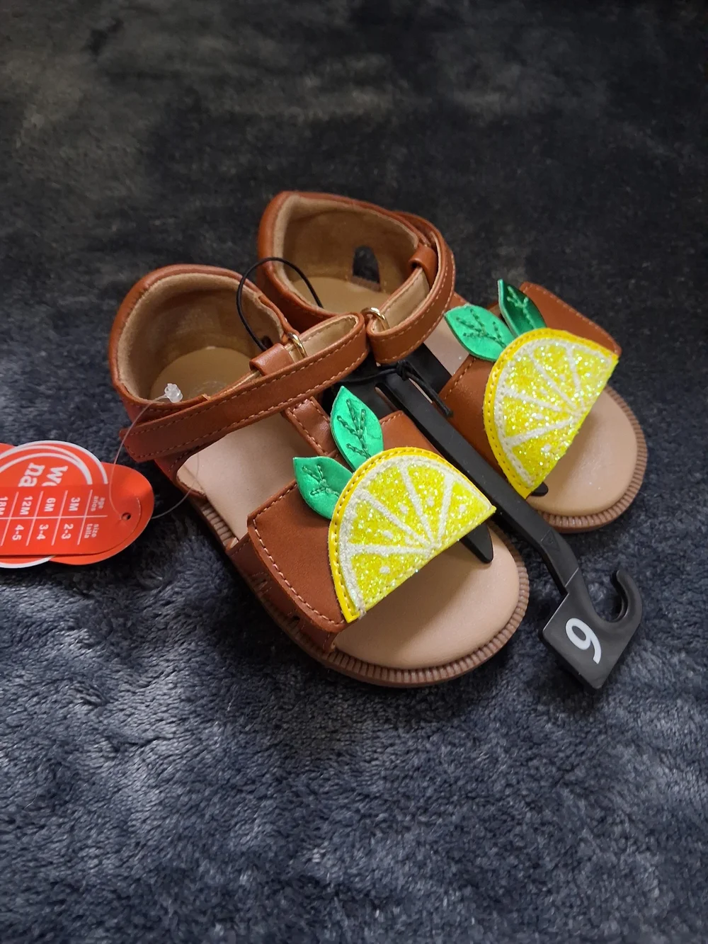NWT Wonder Nation Lemon Fruit Glitter Strappy Sandals Brown/Yellow Girls Size 6